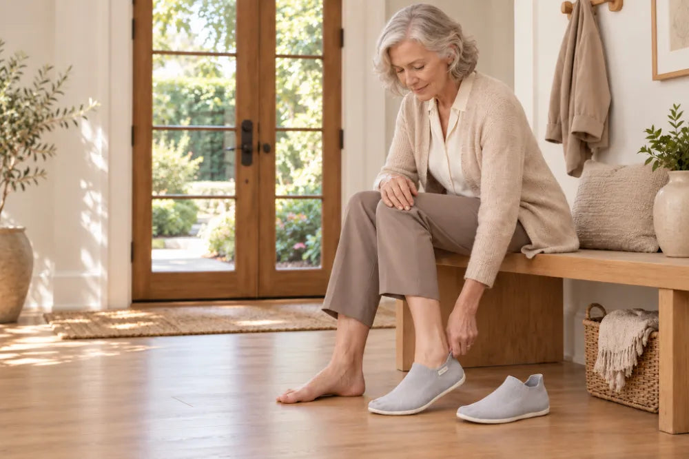 Person putting on ash gray COOPS Low Tops while seated.