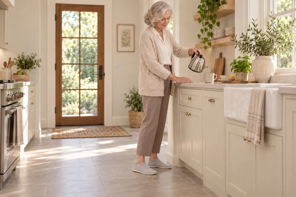 Person at a kitchen counter in ash gray COOPS Low Tops.
