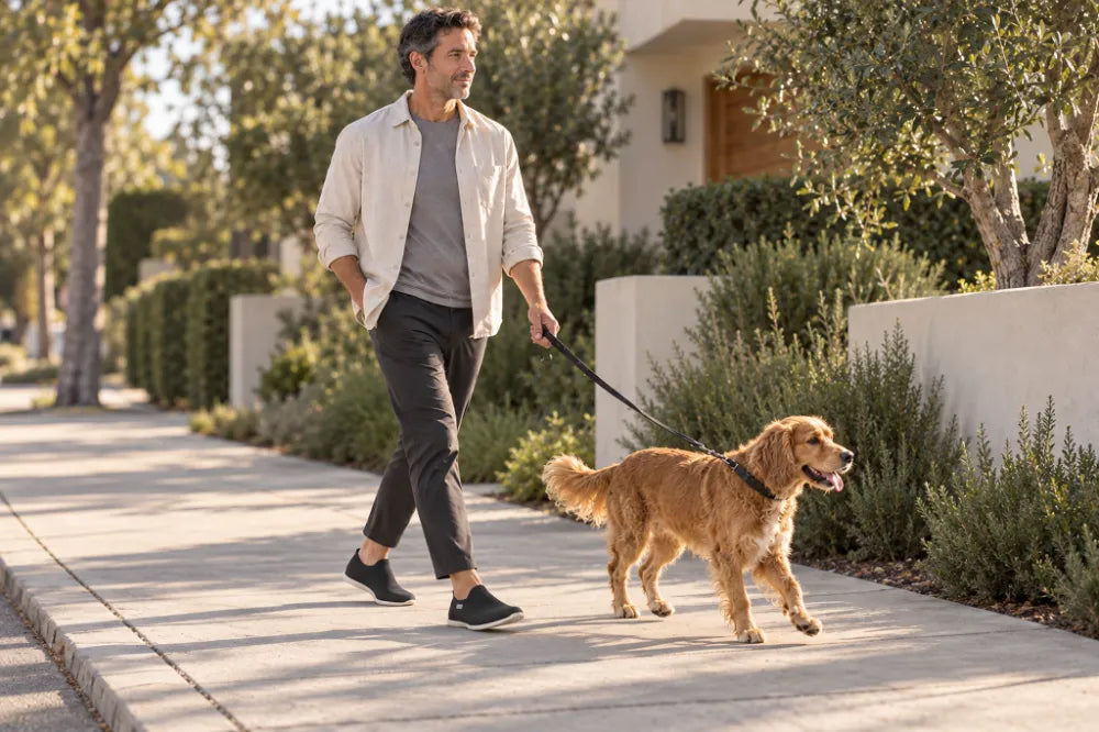 Person walking a dog on a sidewalk in black COOPS Low Tops.