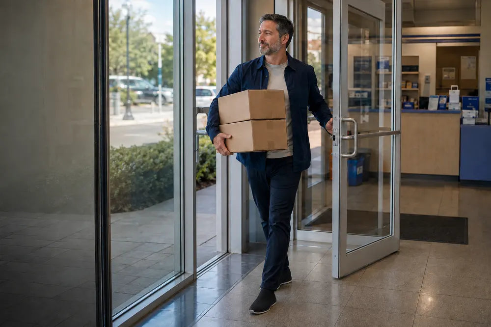 Man leaving a post office with parcels in black COOPS Low Tops.