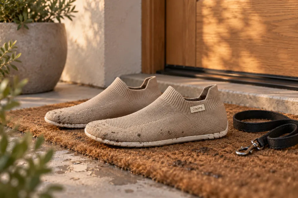 Muddy sand COOPS on a doormat beside a dog leash.