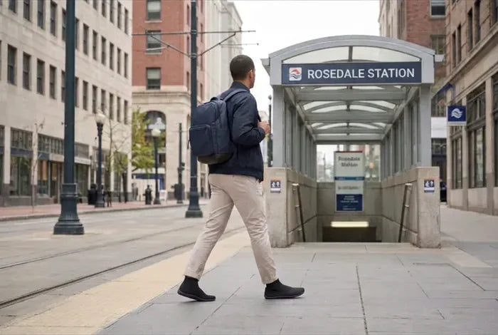 Commuter walking to a station in Black COOPS sock shoes