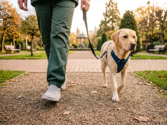 Person walking a dog on a path in COOPS sock shoes