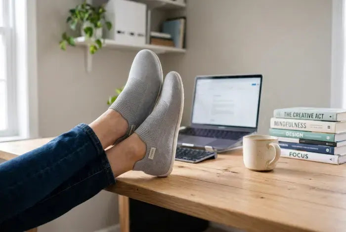 Feet up at a desk at home wearing Ash Gray COOPS sock shoes