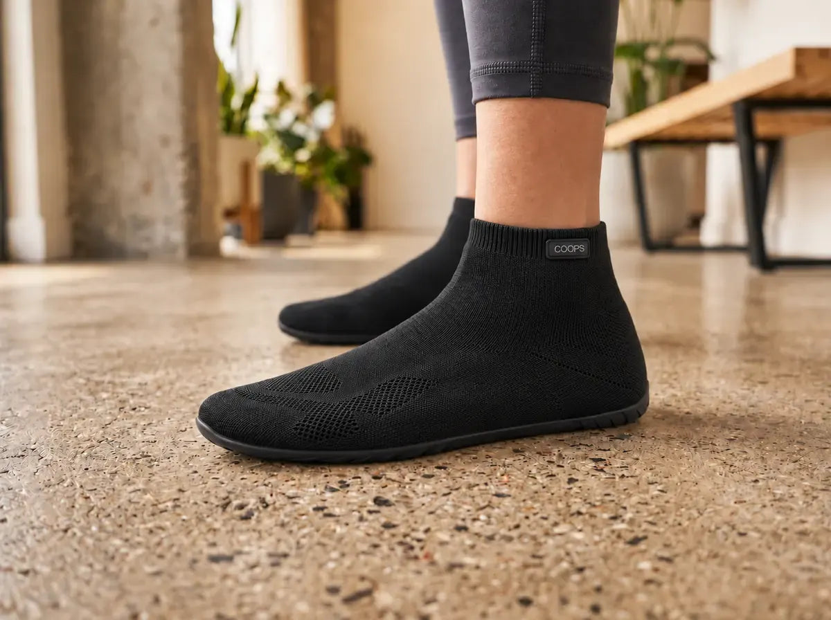 Black COOPS high top sock shoes worn on a sunlit stone floor