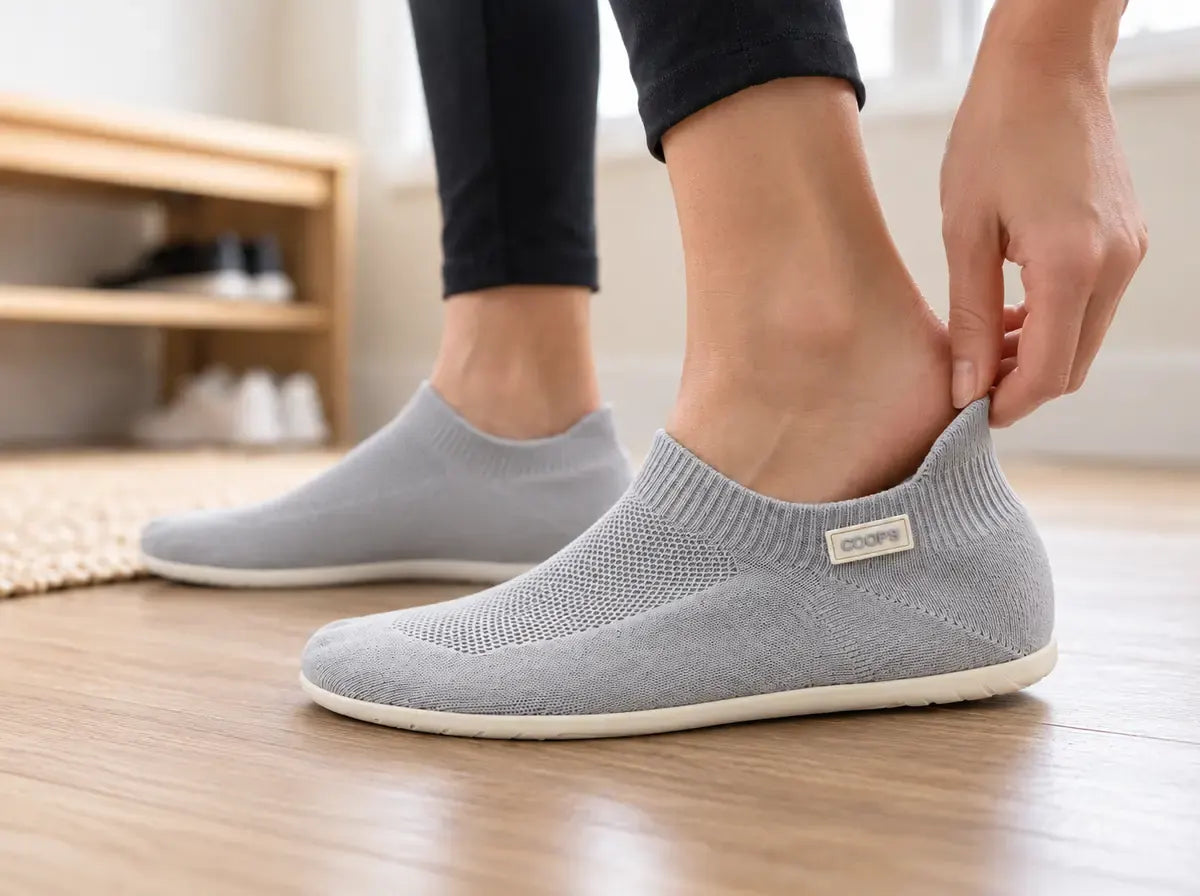 Ash Gray COOPS low top being slipped on by hand