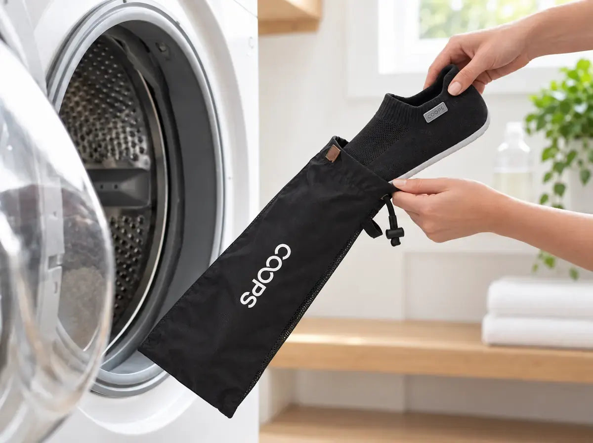 Black COOPS sock shoes in the COOPS wash bag going into a washing machine